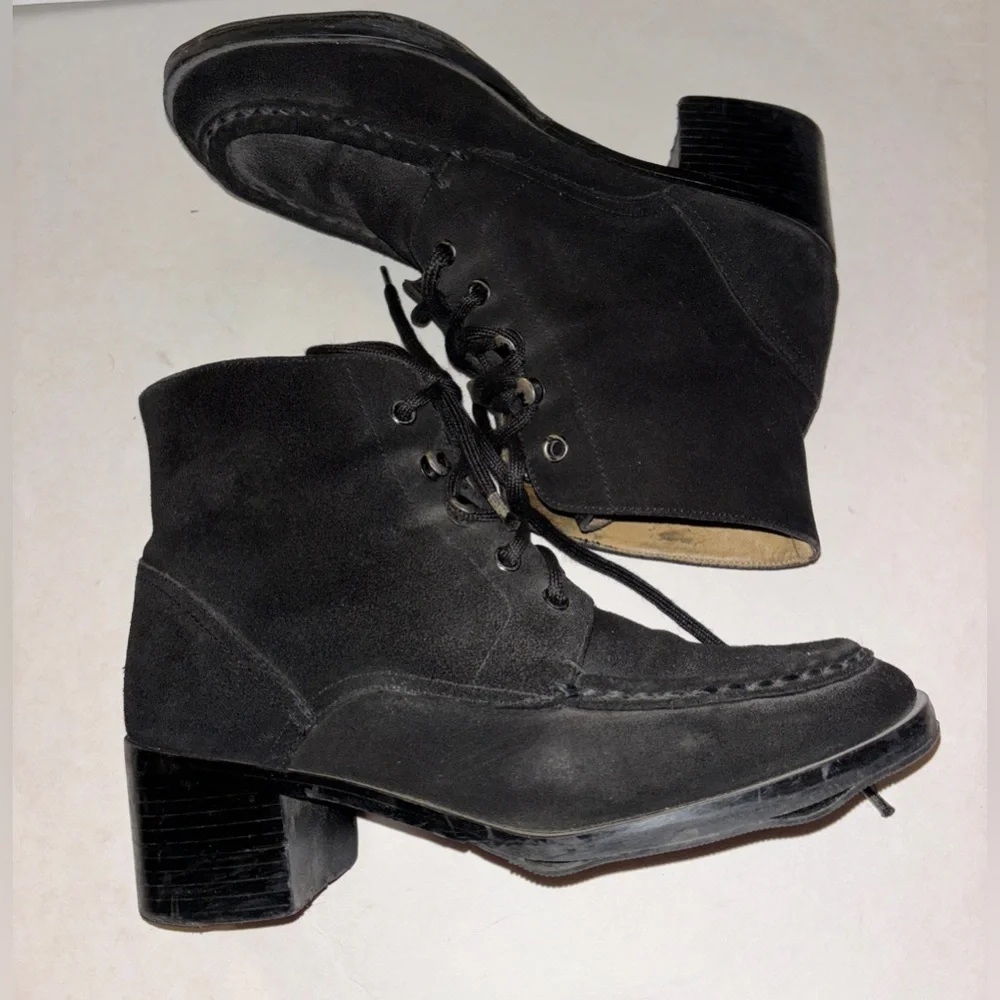 9 & Co Black Suede Lace-Up‎ Ankle Boots Women 7.5 Block Heel Moc Toe Outdoorwear